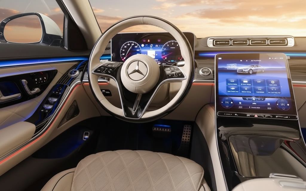 Mercedes S500 2023 interior view showing trim – rental in Dubai