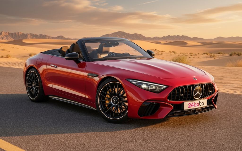 Mercedes Sl 2023 Red front view with headlights – rental in Dubai