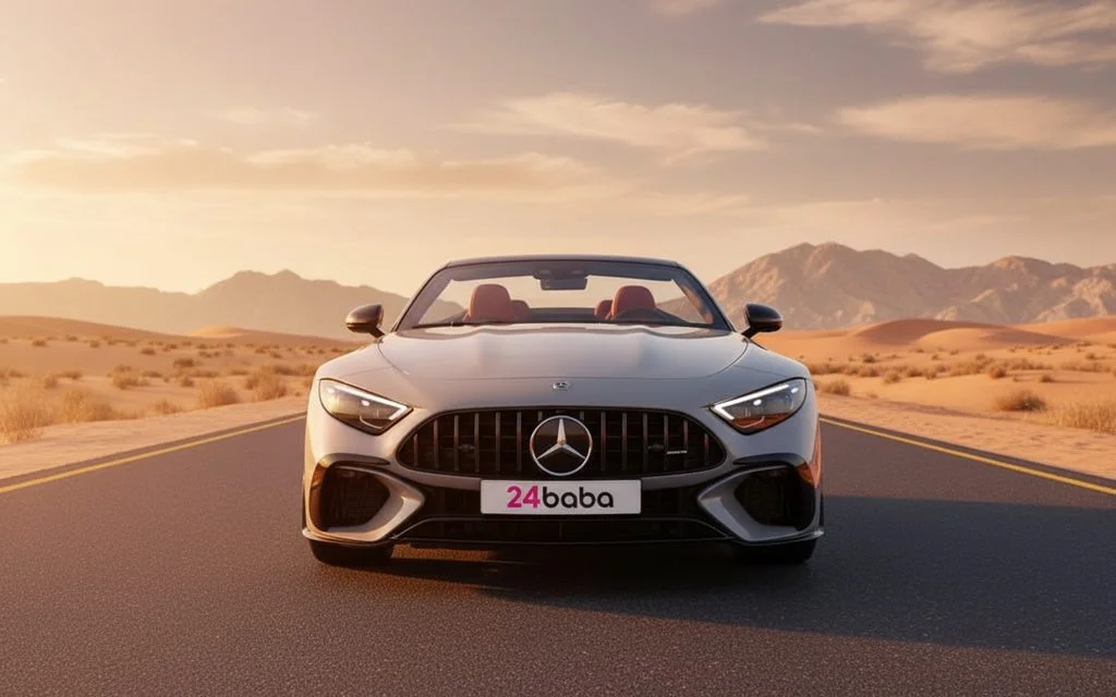 Mercedes Sl 2022 Silver front view with headlights – rental in Dubai