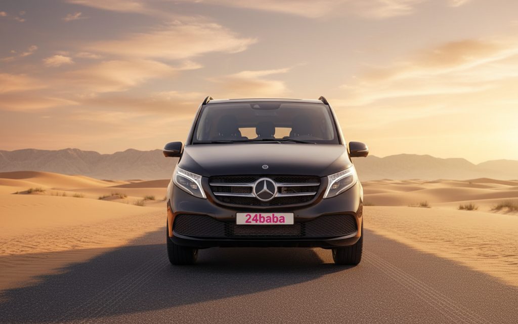 Mercedes V Class 2020 Black front view with headlights – rental in Dubai