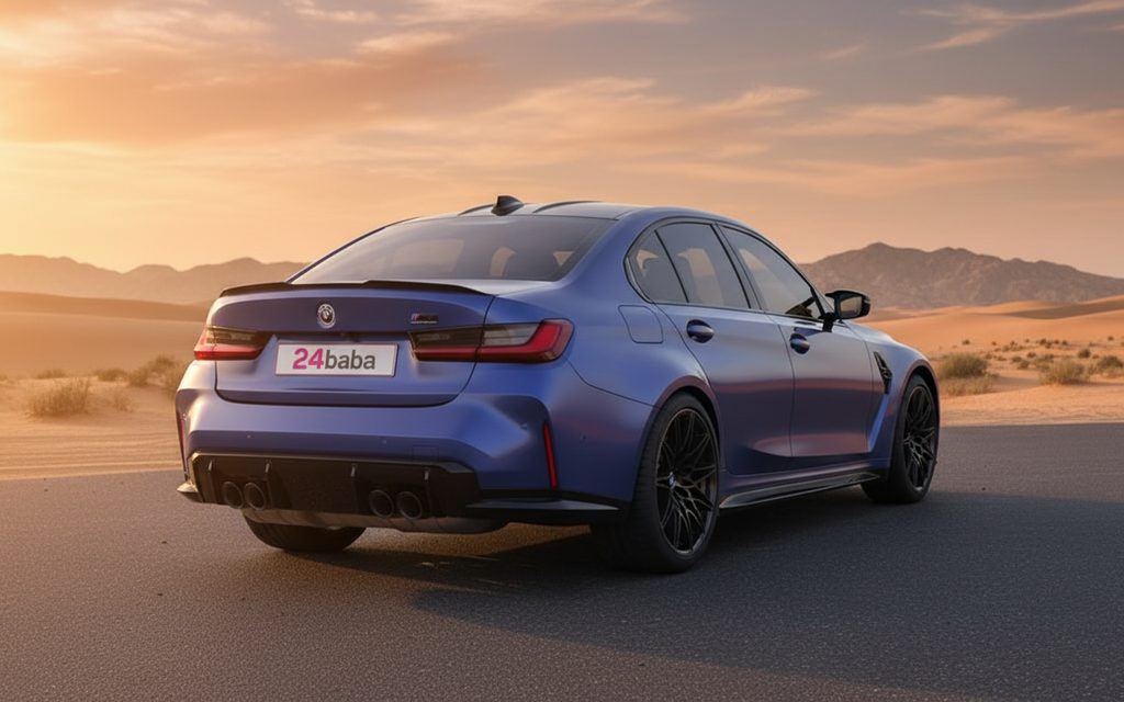 Bmw M3 2023 Blue rear view showing taillights – rental in Dubai