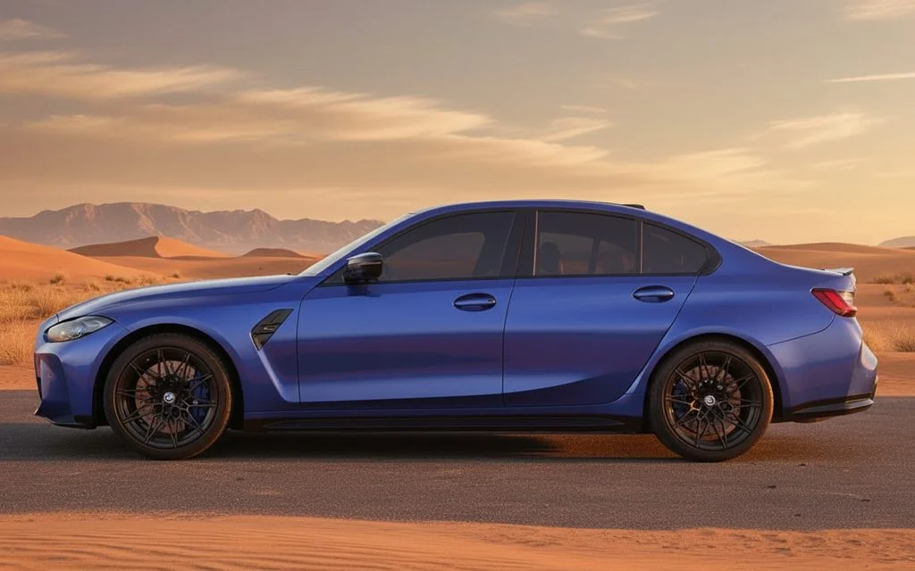 Bmw M3 2023 Blue side profile – rental in Dubai