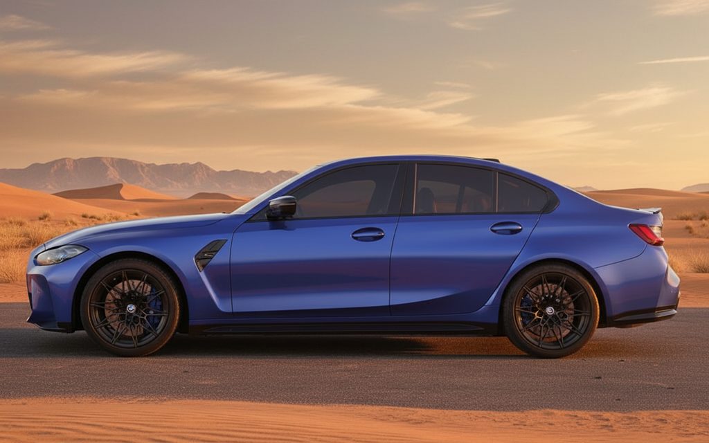 Bmw M3 2023 Blue side profile – rental in Dubai