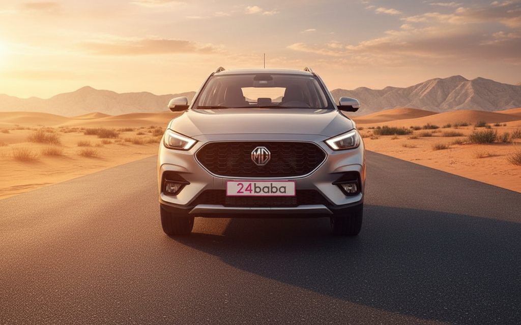 Mg Zs 2025 Silver front view with headlights – rental in Dubai