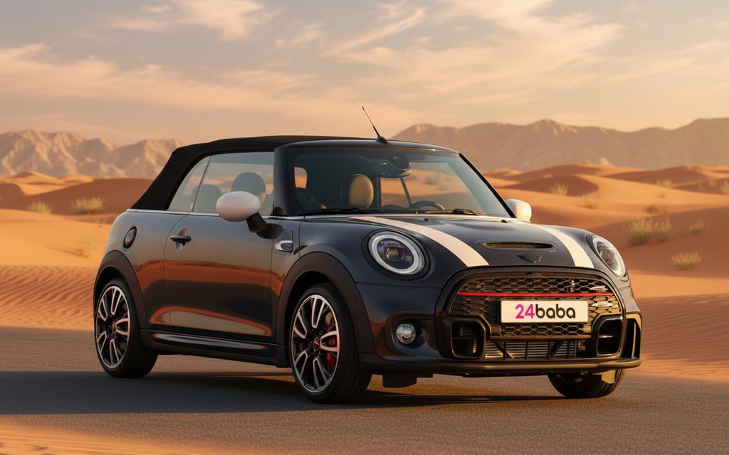 Mini Cooper 2022 Black front view with headlights – rental in Dubai