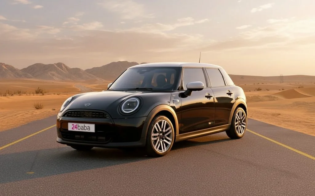 Mini Cooper 2025 Black front view with headlights – rental in Dubai
