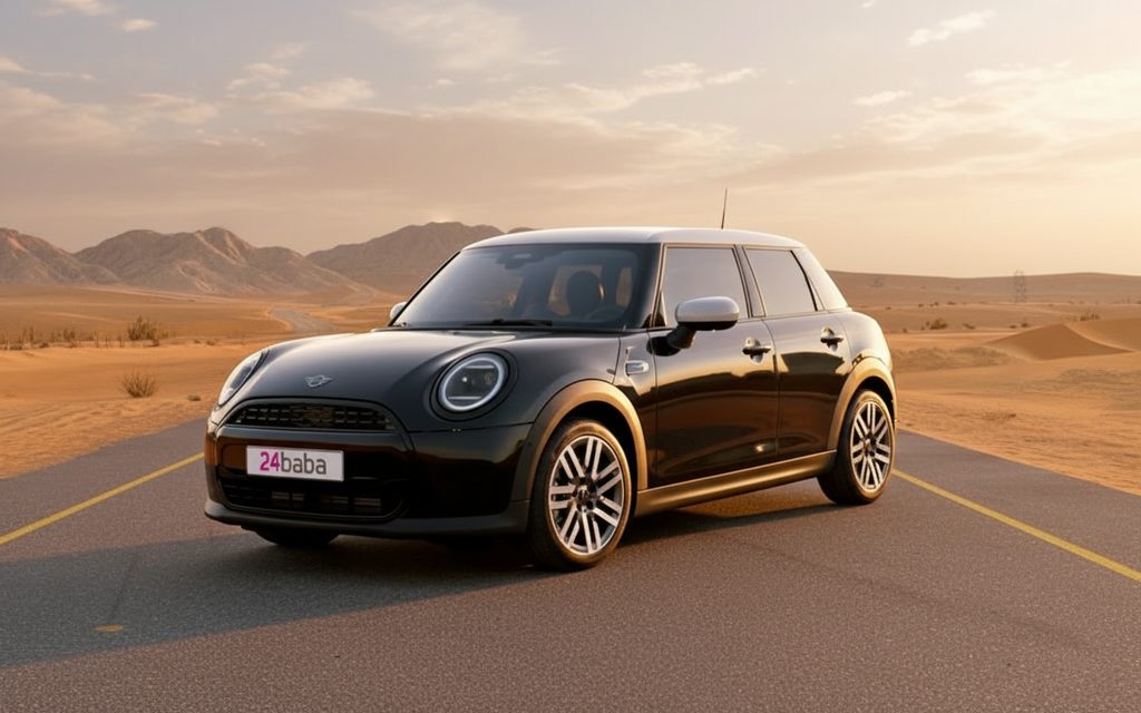 Mini Cooper 2025 Black front view with headlights – rental in Dubai