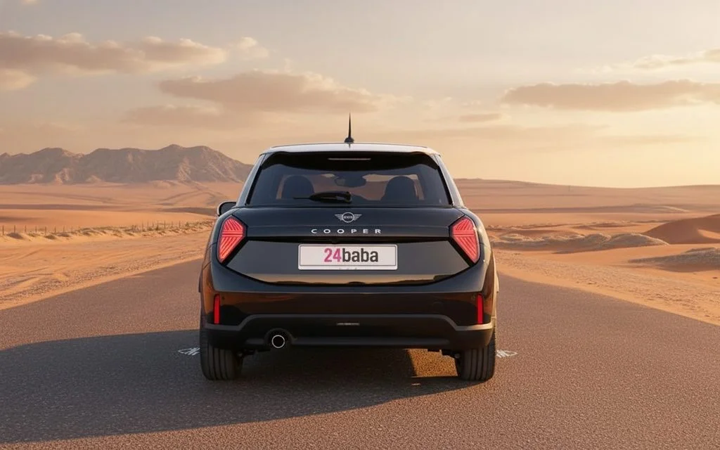Mini Cooper 2025 Black rear view showing taillights – rental in Dubai
