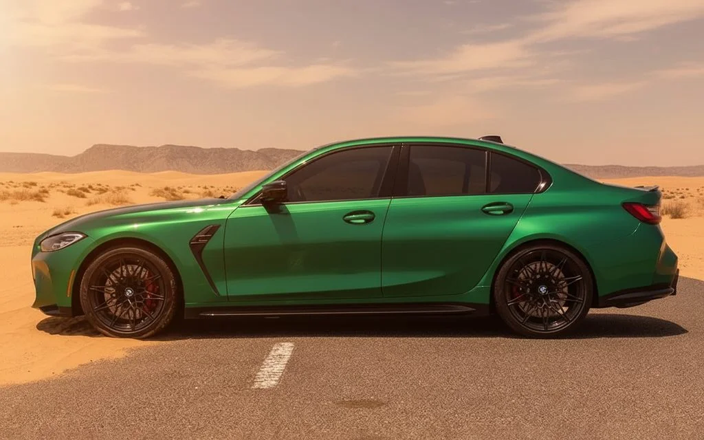 Bmw M3 2022 Green side profile – rental in Dubai