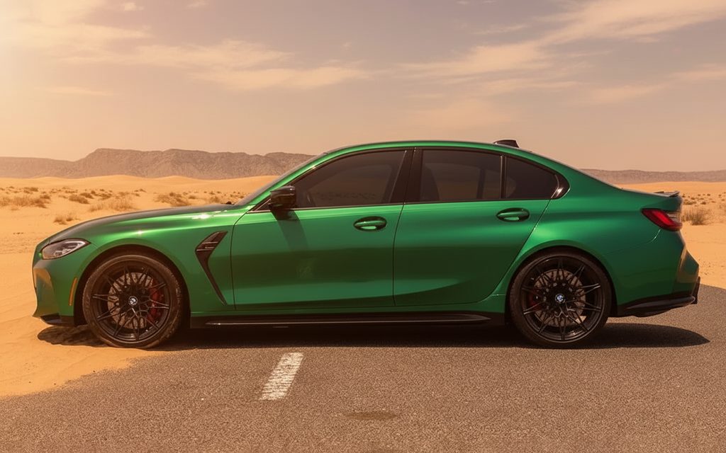 Bmw M3 2022 Green side profile – rental in Dubai