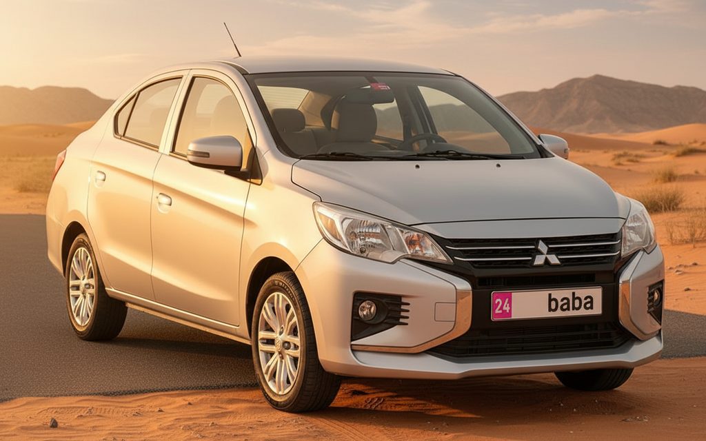 Mitsubishi Attrage 2023 Silver front view with headlights – rental in Dubai