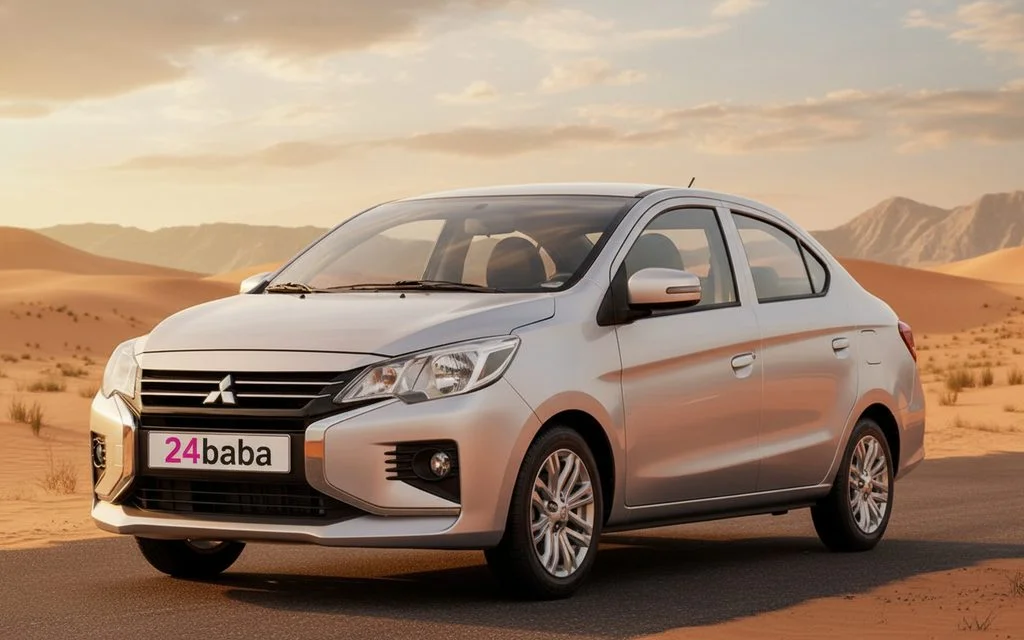 Mitsubishi Attrage 2025 Silver front view with headlights – rental in Dubai