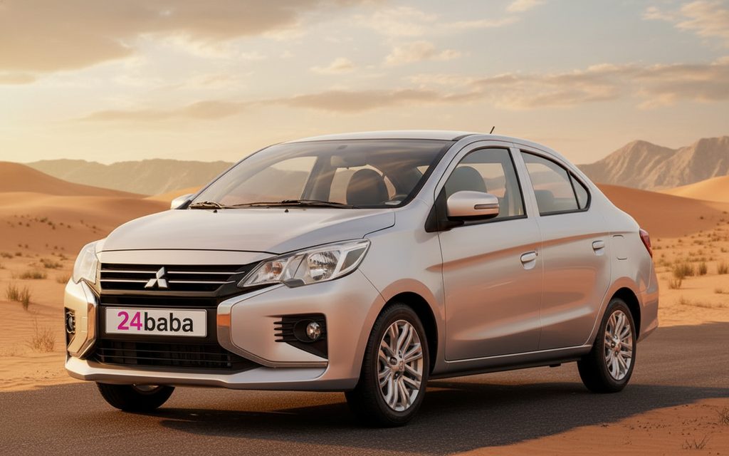 Mitsubishi Attrage 2025 Silver front view with headlights – rental in Dubai