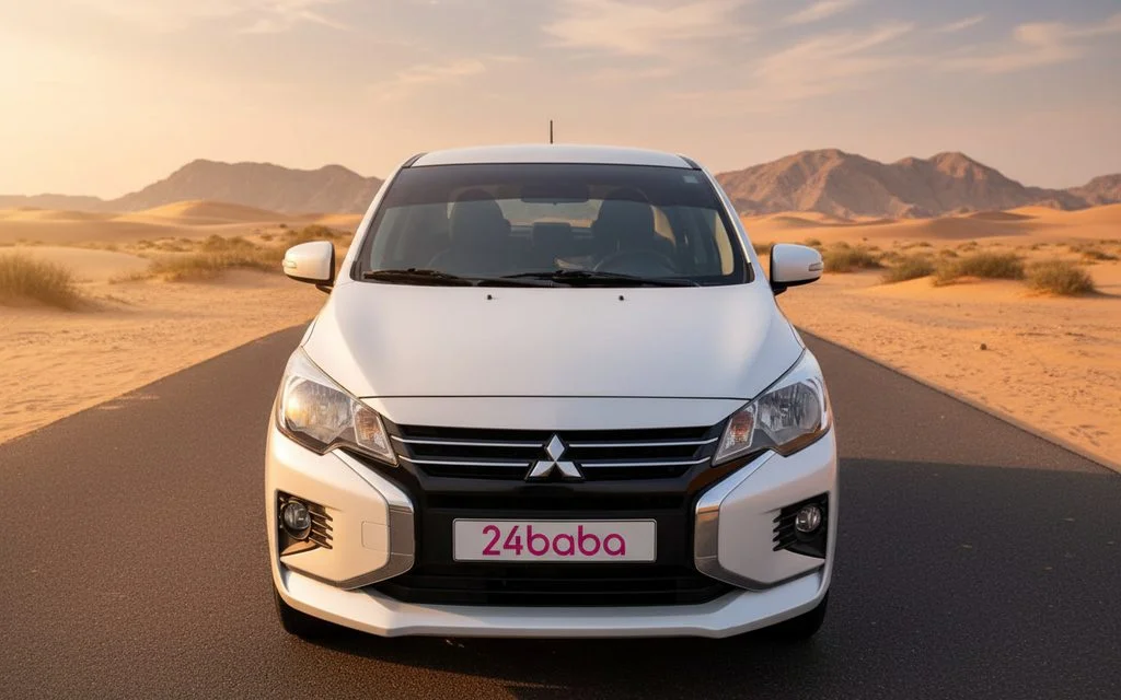 Mitsubishi Attrage 2021 White front view with headlights – rental in Dubai