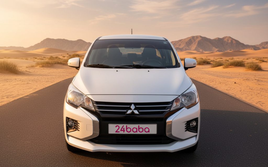 Mitsubishi Attrage 2021 White front view with headlights – rental in Dubai
