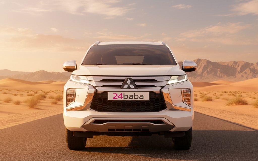 Mitsubishi Montero 2022 White front view with headlights – rental in Dubai