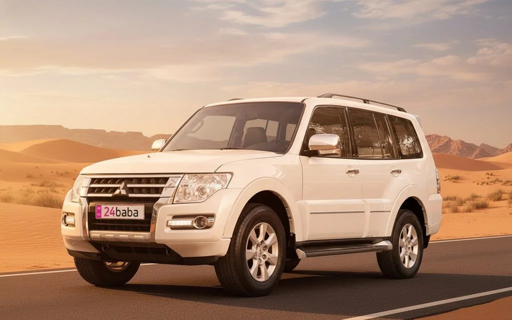 Mitsubishi Pajero 2022 White front view with headlights – rental in Dubai
