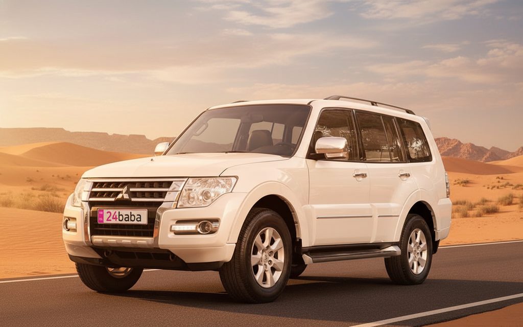 Mitsubishi Pajero 2022 White front view with headlights – rental in Dubai