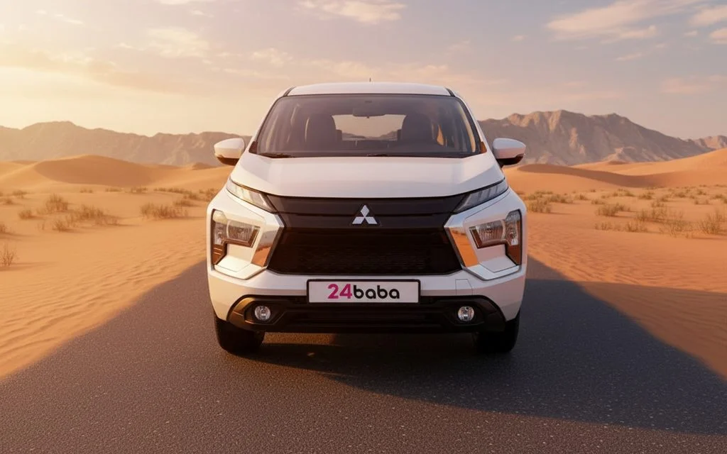 Mitsubishi Xpander 2025 White front view with headlights – rental in Dubai