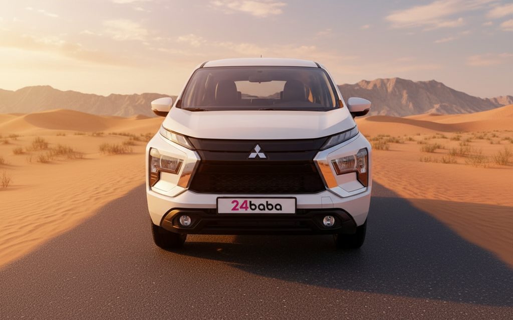Mitsubishi Xpander 2025 White front view with headlights – rental in Dubai