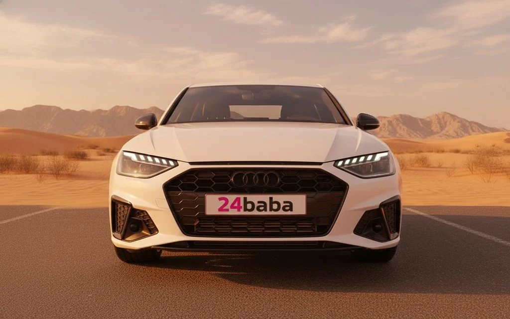 Audi A4 2024 White front view with headlights – rental in Dubai