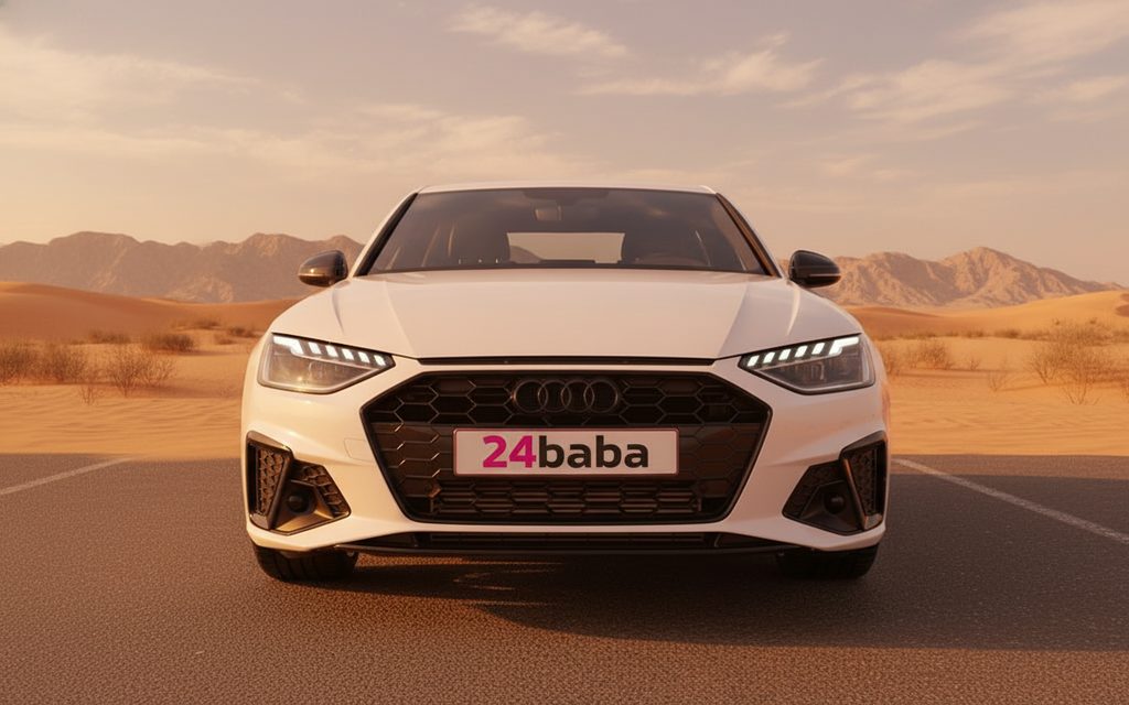 Audi A4 2024 White front view with headlights – rental in Dubai