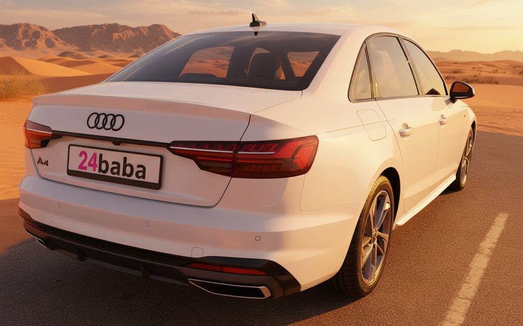 Audi A4 2024 White rear view showing taillights – rental in Dubai