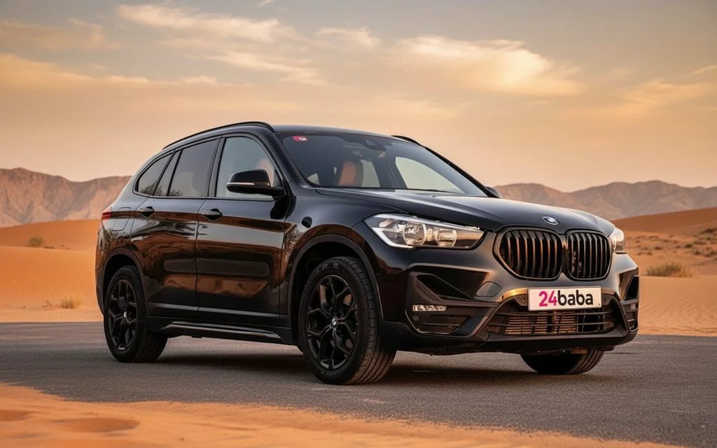 Bmw X1 2021 Black front view with headlights – rental in Dubai