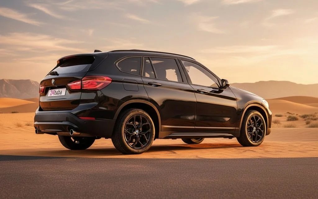 Bmw X1 2021 Black rear view showing taillights – rental in Dubai