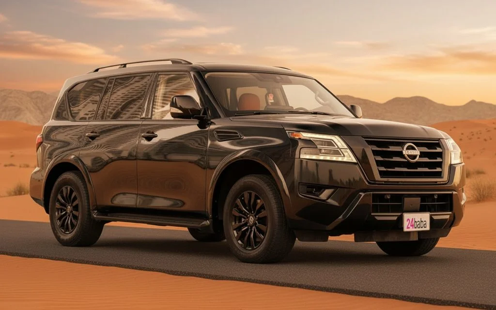 Nissan Armada 2022 Black front view with headlights – rental in Dubai