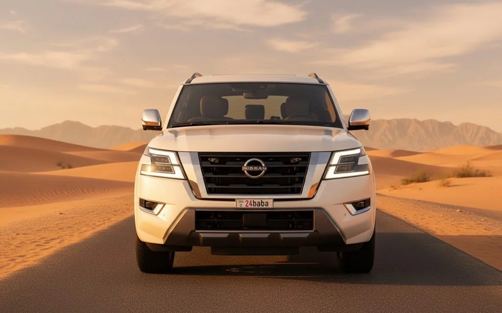 Nissan Armada 2024 White front view with headlights – rental in Dubai