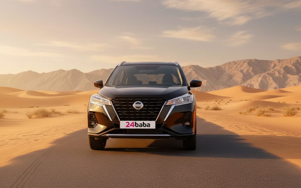 Nissan Kicks 2022 Black front view with headlights – rental in Dubai