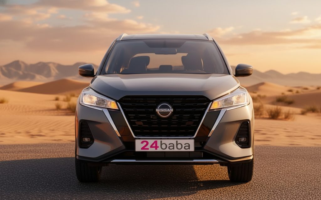 Nissan Kicks 2024 Grey front view with headlights – rental in Dubai