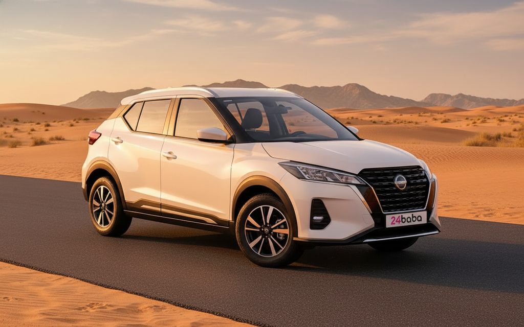 Nissan Kicks 2024 White front view with headlights – rental in Dubai