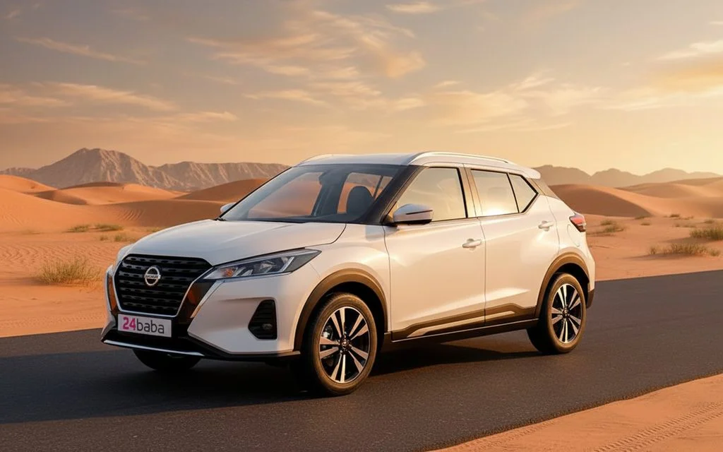 Nissan Kicks 2024 White front view with headlights – rental in Dubai