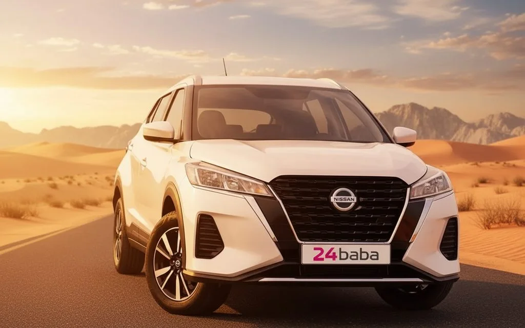 Nissan Kicks 2025 White front view with headlights – rental in Dubai