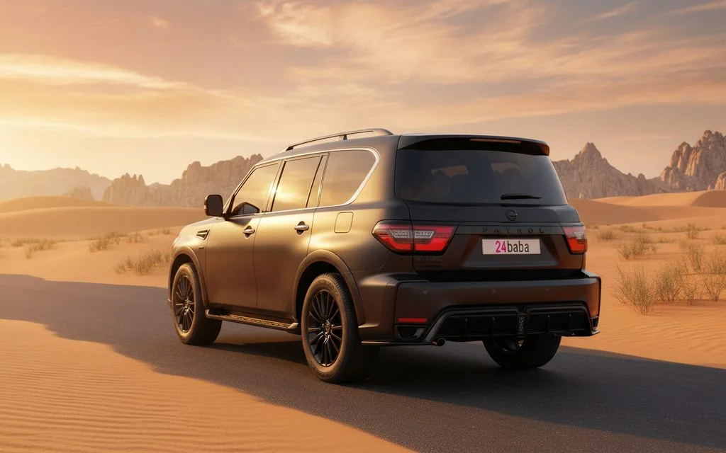 Nissan Patrol 2020 Black rear view showing taillights – rental in Dubai