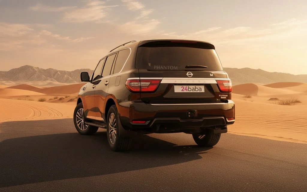 Nissan Patrol 2020 Black rear view showing taillights – rental in Dubai