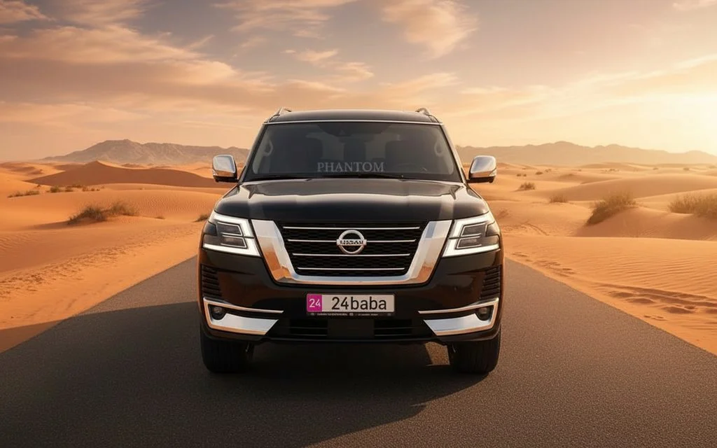 Nissan Patrol 2020 Black front view with headlights – rental in Dubai