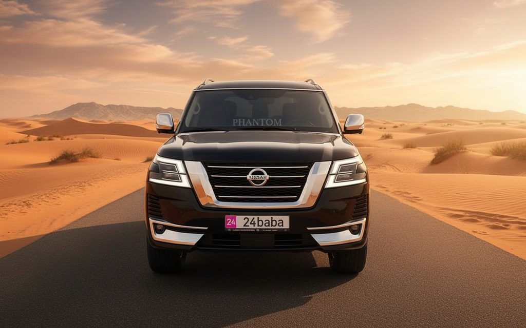 Nissan Patrol 2020 Black front view with headlights – rental in Dubai