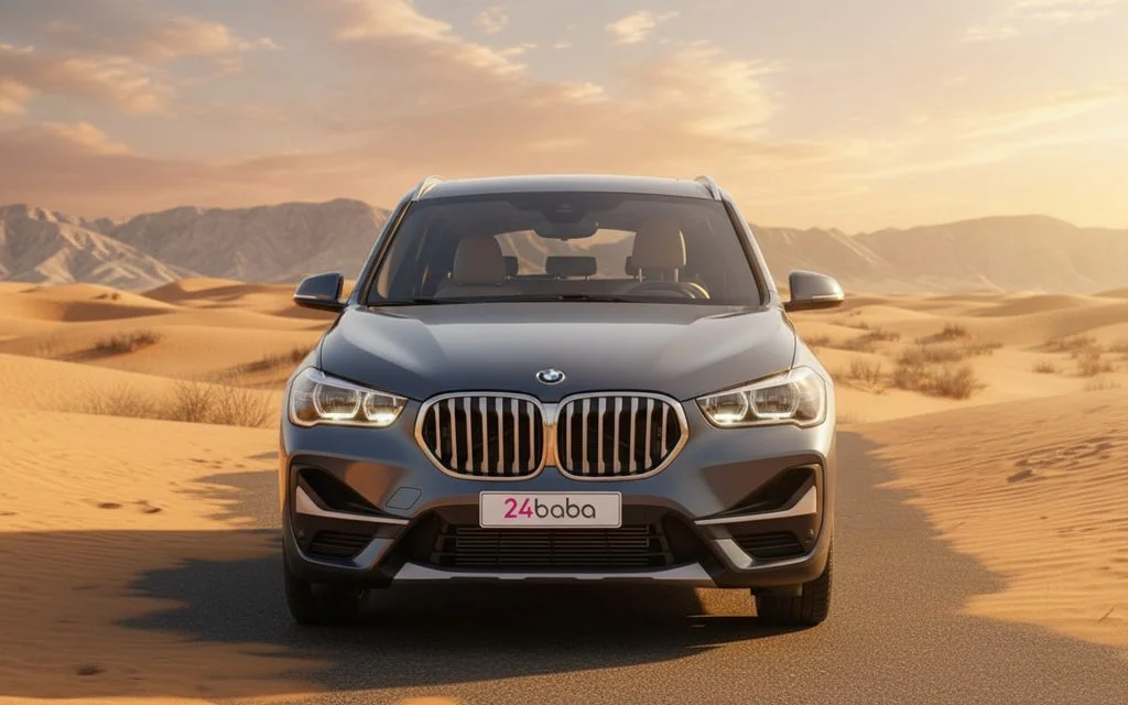 Bmw X1 2021 Grey front view with headlights – rental in Dubai