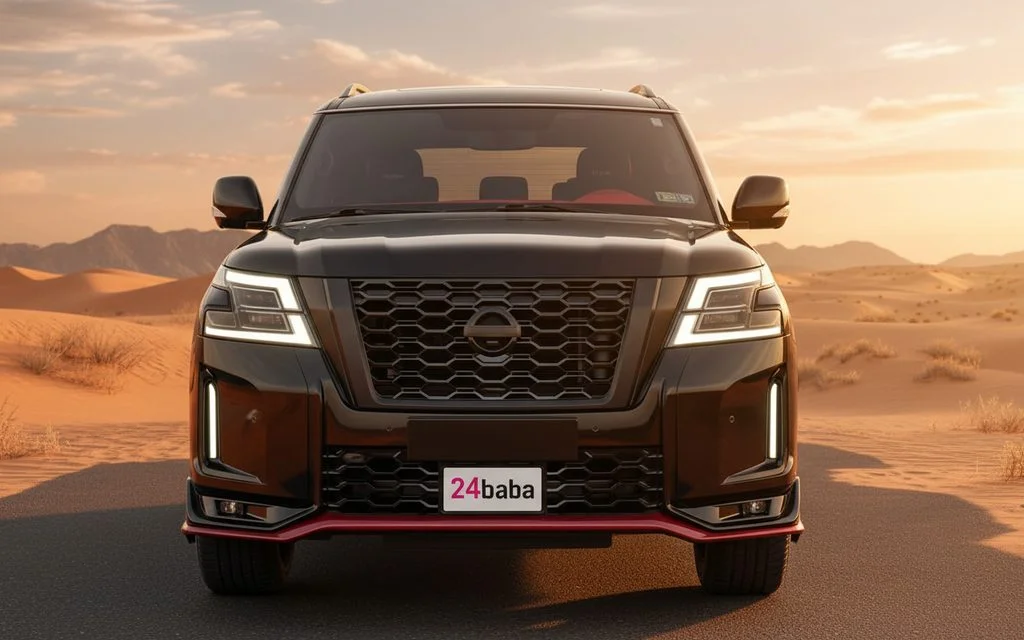 Nissan Patrol 2025 Black front view with headlights – rental in Dubai