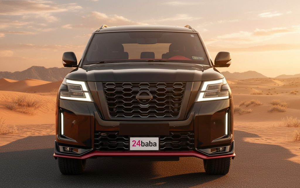 Nissan Patrol 2025 Black front view with headlights – rental in Dubai