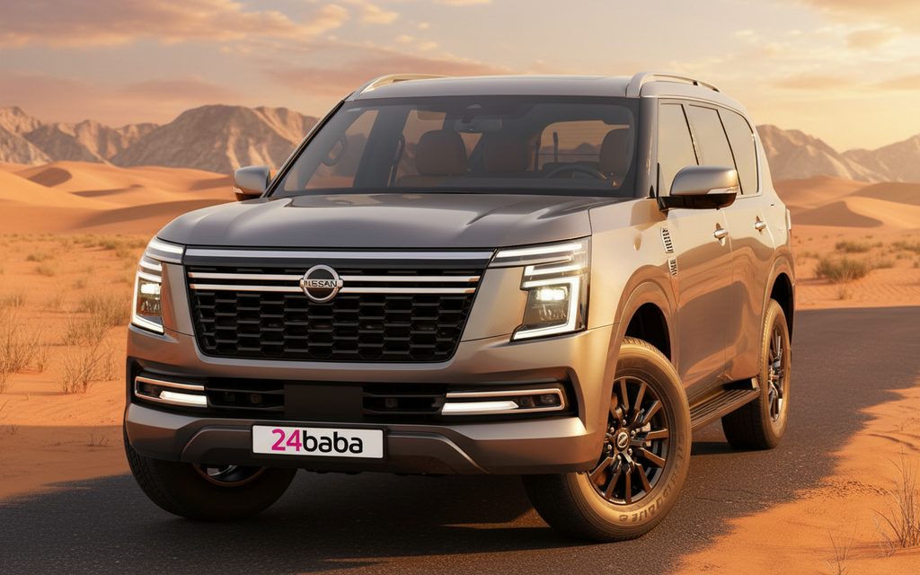 Nissan Patrol 2025 Grey front view with headlights – rental in Dubai