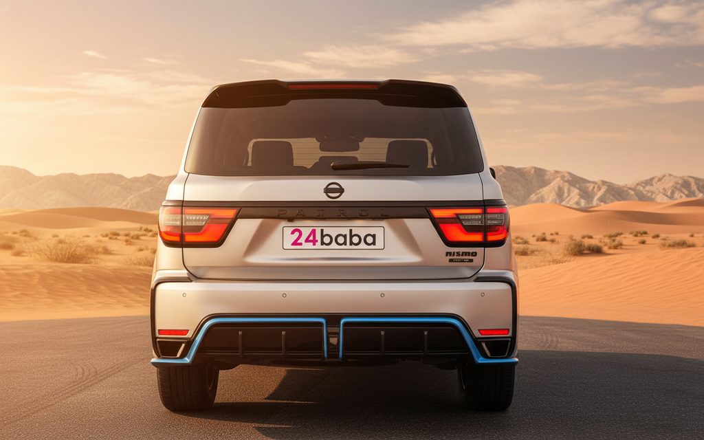 Nissan Patrol 2020 Silver rear view showing taillights – rental in Dubai