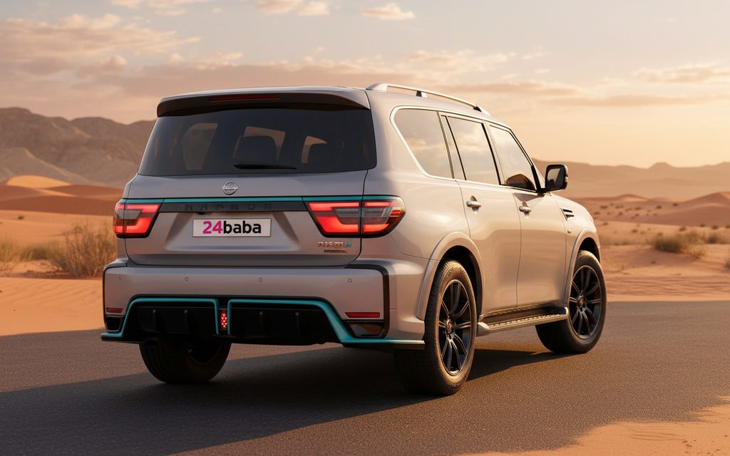 Nissan Patrol 2020 Silver rear view showing taillights – rental in Dubai