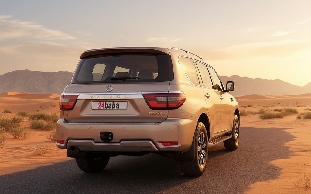 Nissan Patrol 2023 Silver rear view showing taillights – rental in Dubai