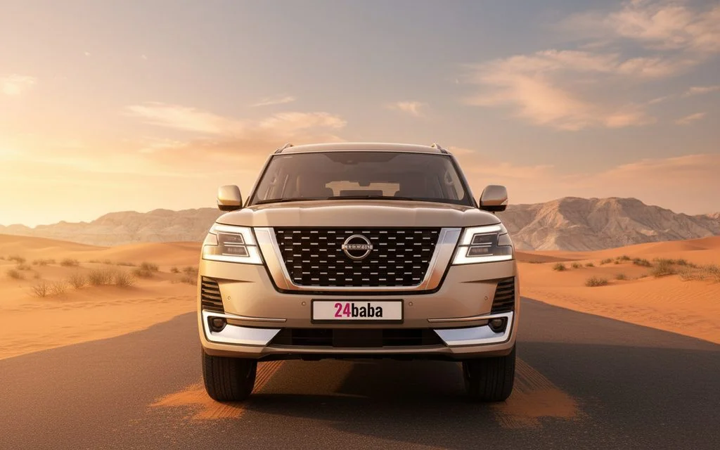 Nissan Patrol 2023 Silver front view with headlights – rental in Dubai