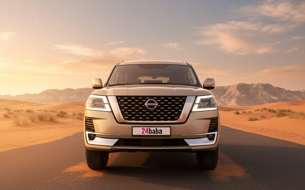 Nissan Patrol 2023 Silver front view with headlights – rental in Dubai