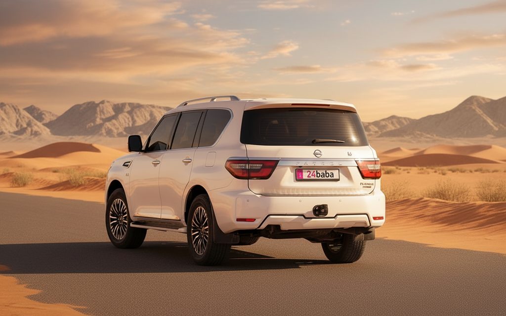 Nissan Patrol 2022 White rear view showing taillights – rental in Dubai
